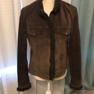 Brushed leather jacket with faux fur trim